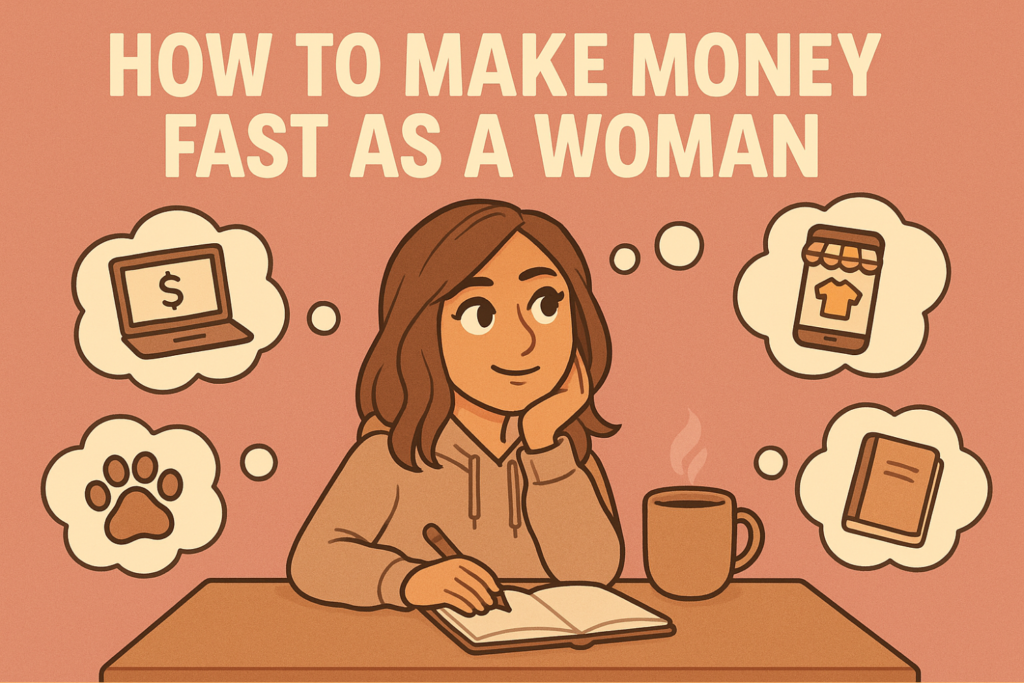 Miss Money Mentor character thinking at her desk with thought bubbles showing a laptop, online store, paw print, and book — How to Make Money Fast as a Woman