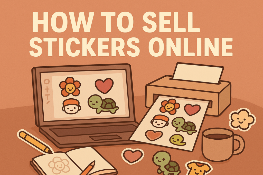Illustration of sticker design process with laptop, printer, and cute stickers – How to Sell Stickers Online