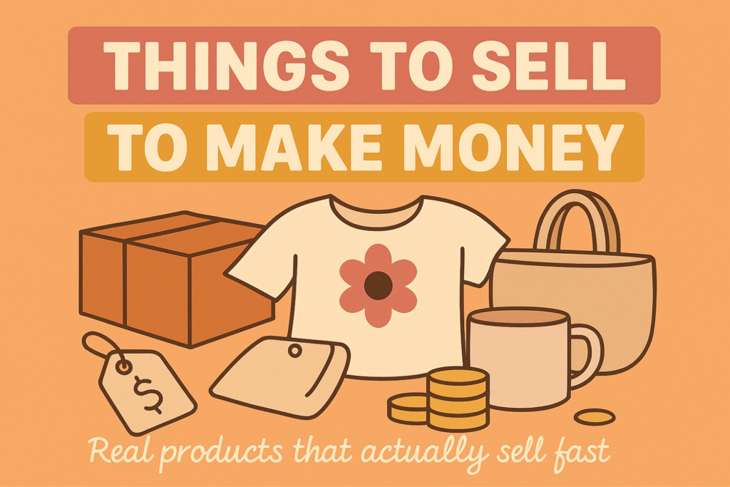 Illustration of things to sell to make money, including a box, shirt, tote bag, mug, tags, and coins, with text reading 'Real products that actually sell fast'
