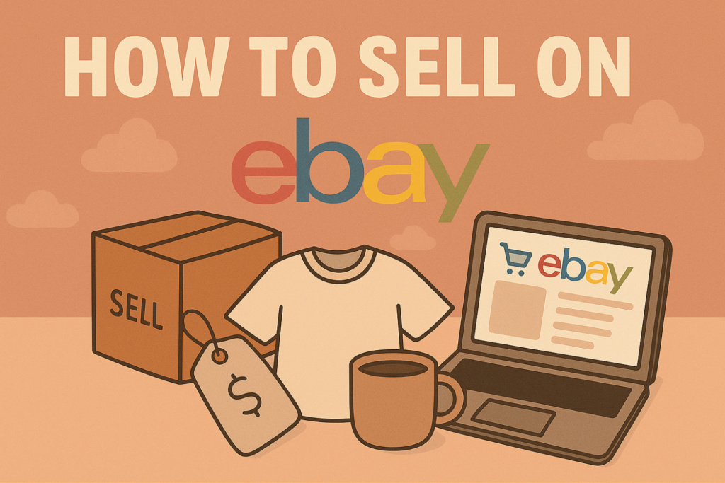 Flat illustration of eBay selling setup including a laptop, cardboard box, t-shirt, price tag, and coffee mug with the text “How to Sell on eBay” above