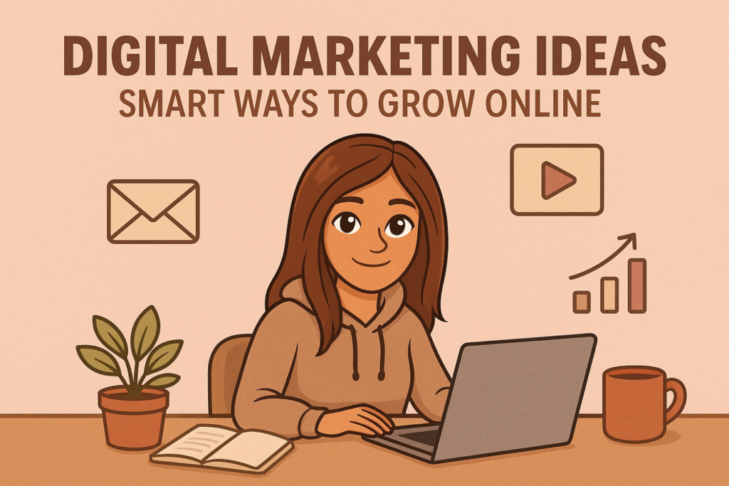 Miss Money Mentor character sitting at a desk with a laptop, plant, coffee mug, and digital marketing icons, with the headline “Digital Marketing Ideas – Smart Ways to Grow Online”